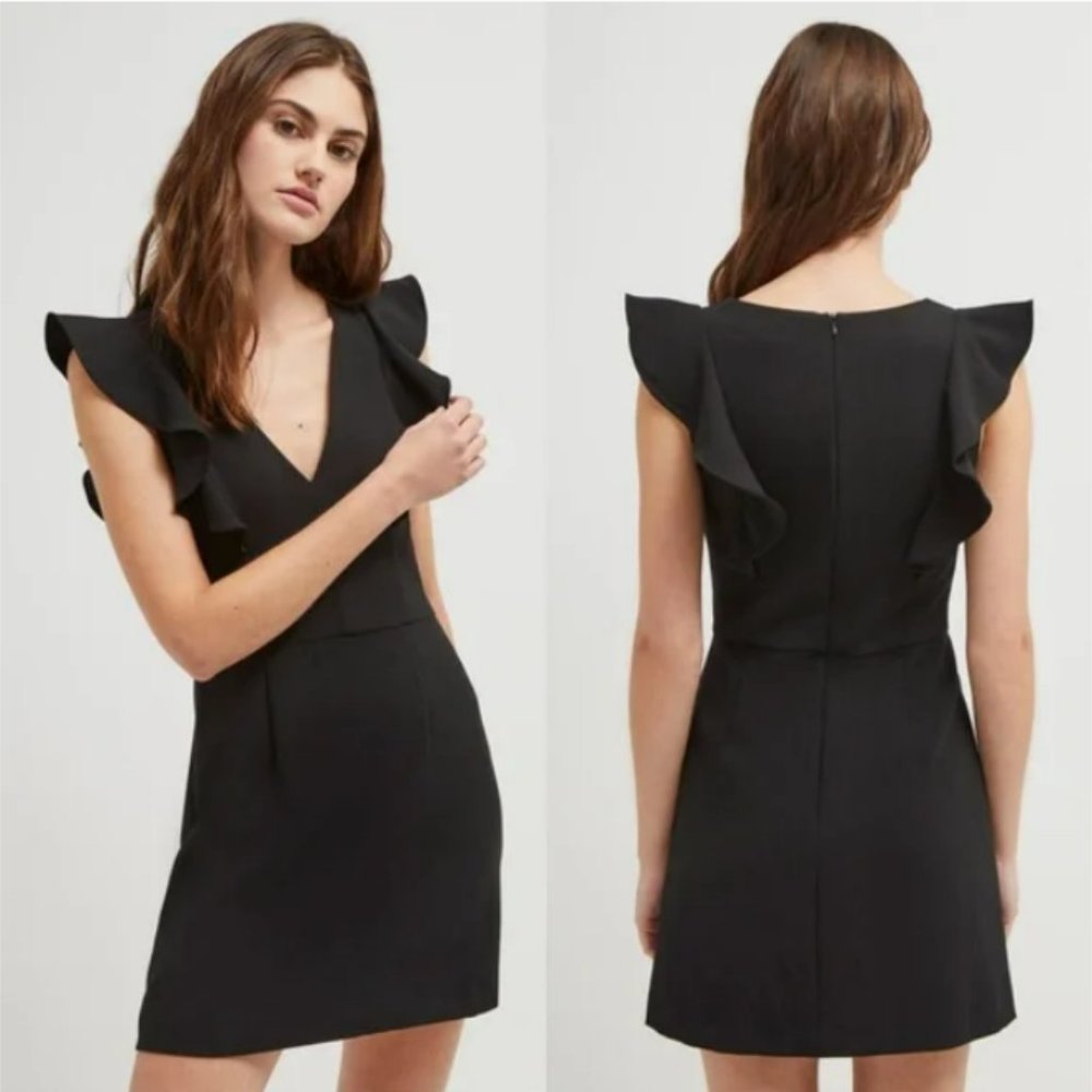 French Connection Whisper Ruffled V-Neck Mini Dress in Black SZ 2